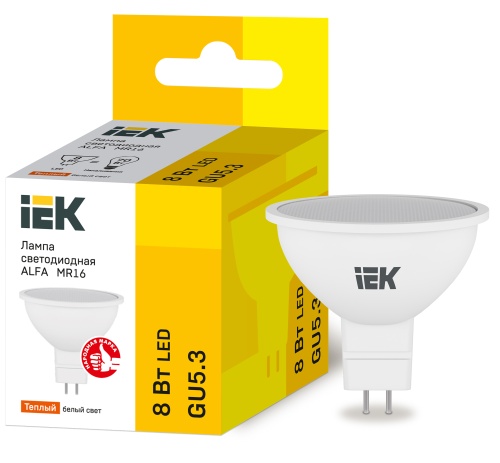Лампа светодиодная ALFA MR16 софит 8Вт 230В 3000К GU5,3 | код LLA-MR16-8-230-30-GU5 | IEK